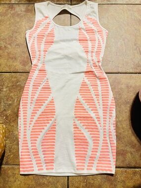 Sleeveless White Dress with Coral Stripe Accents